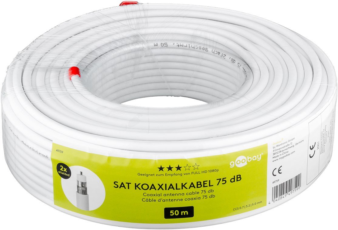 Cable Coaxial  20 Metros De Satélite (120 Db, Doble Apantallamiento, Ccs), Color Blanco