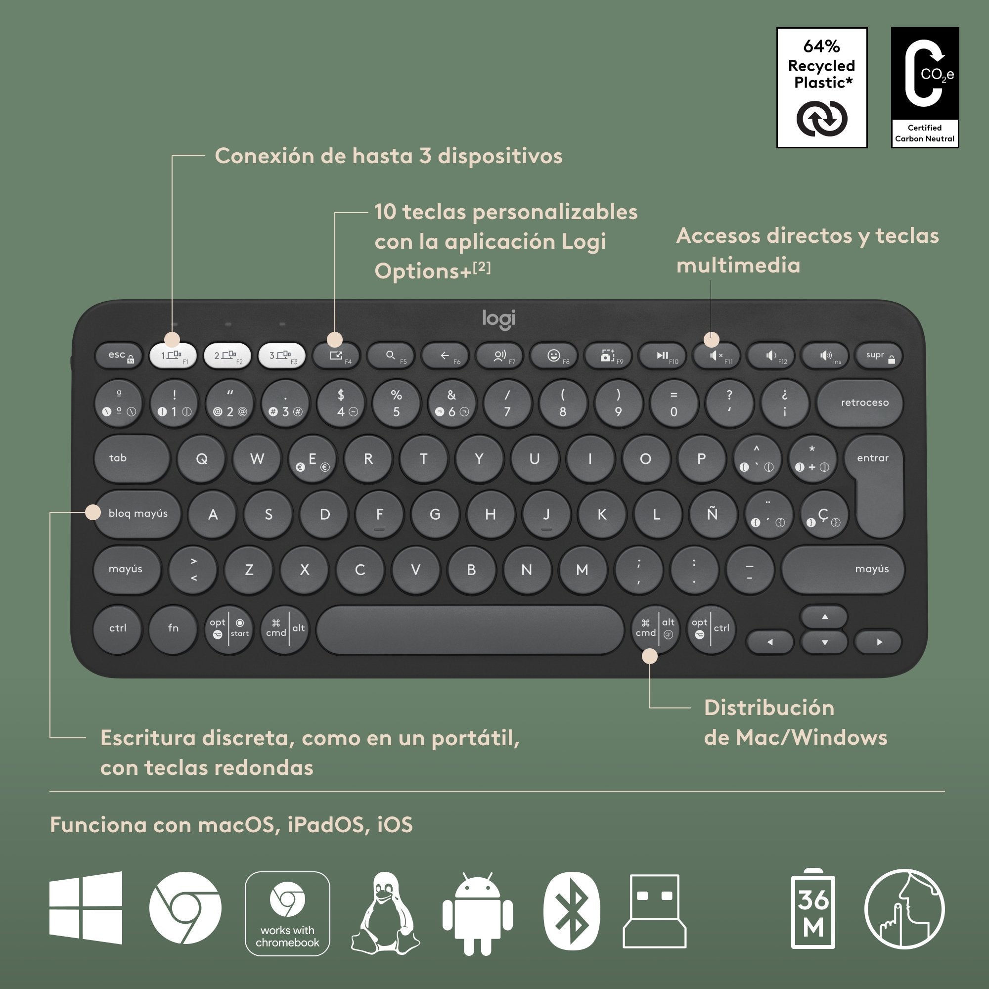 Teclado Español Logitech Pebble 2 Combo  Ratón Incluido Universal Rf Wireless + Bluetooth Qwerty Grafito