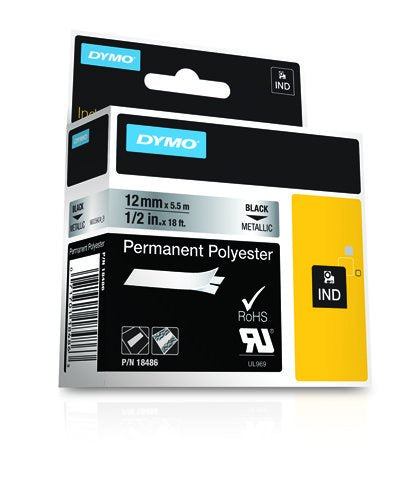 Dymo Rhino Cinta De Etiquetas Industrial Adhesiva Id1-12, Negro Sobre Plateado De 12mmx5´5m, Poliester (S0718180)