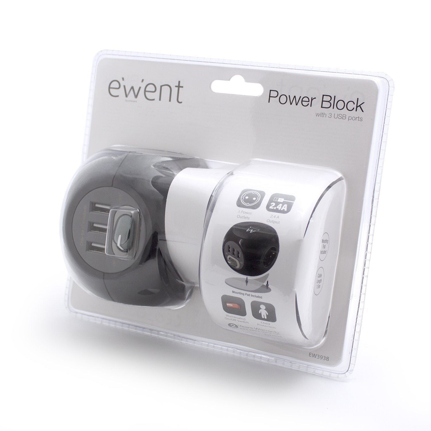Ewent Ew3938 Regleta Cubo 3 Tomas Shucko + 3 Usb