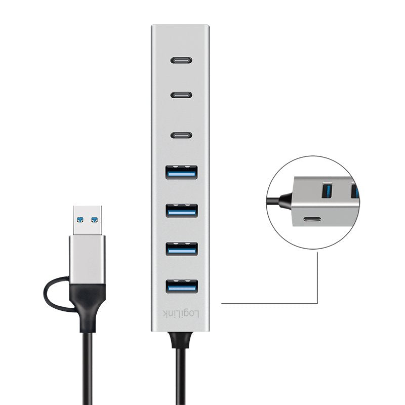 Hub Usb 3.0, 7 Puertos 4xusb-A + 3xusb-C, Cable Usb-A/Usb-C 3.0 2 En 1, 5 Gbps