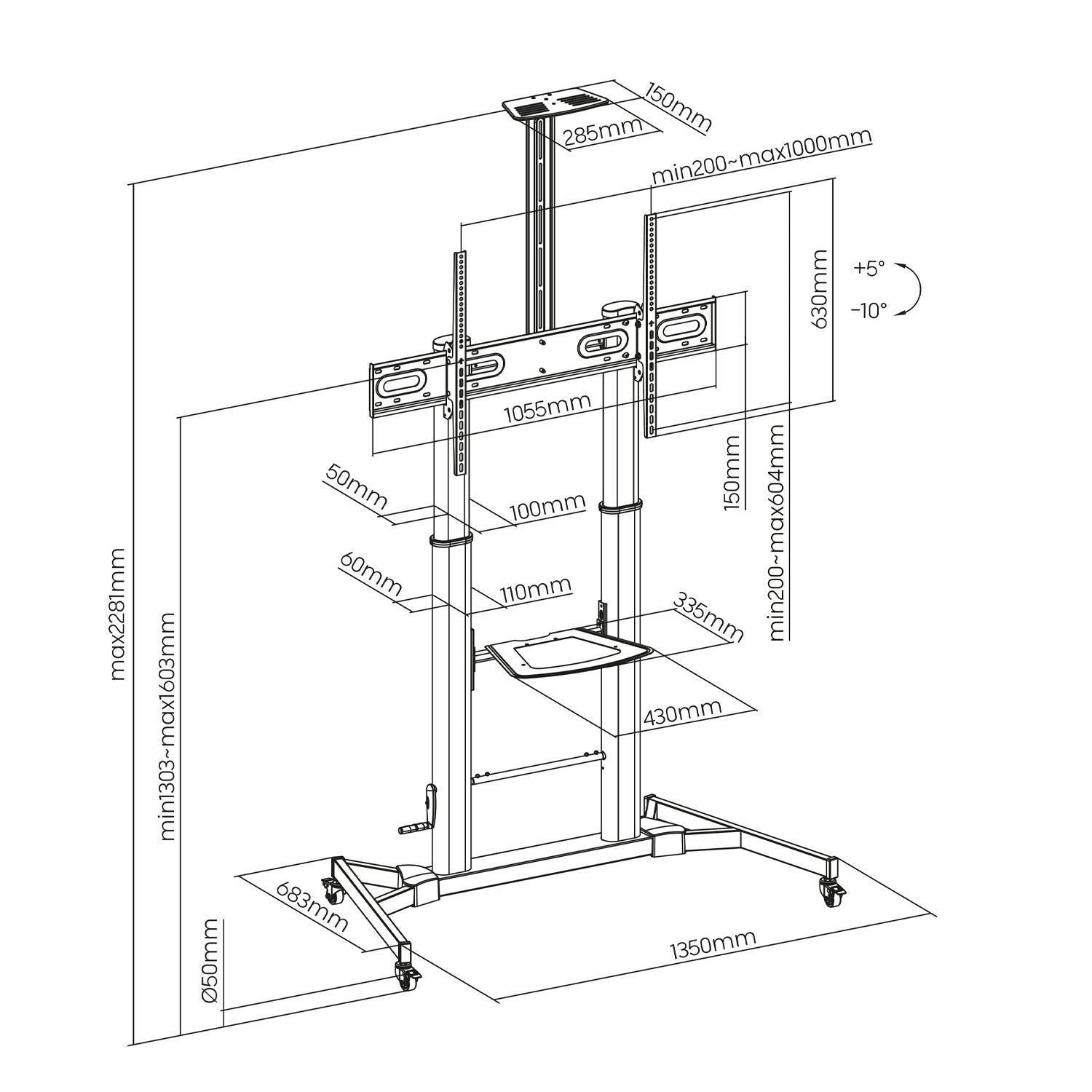 Aisens Soporte De Suelo Para Tv/Monitor De 60" A 100" - Max 100kg - Ajustable En Altura - Movimiento Horizontal Y