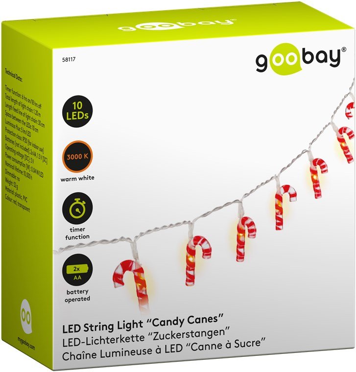 Guirnalda De Luces "Bastones De Caramelo" Con 10 Led
Con Función De Temporizador, Blanco Cálido (3000 K), Funcionamiento Con Pil