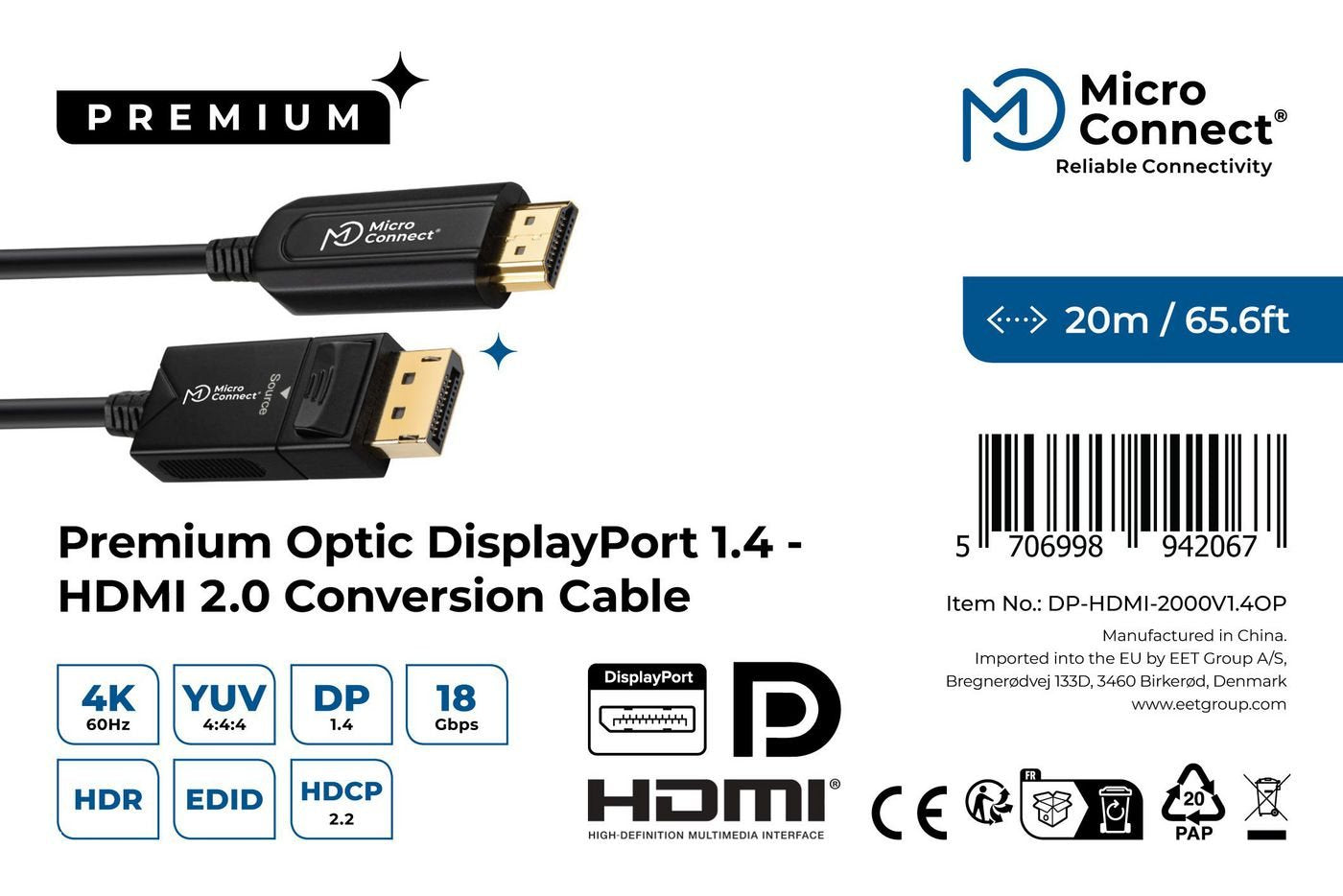 EAN 5706998942067 - Microconnect DP-HDMI-2000V1.4OP adaptador de cable de vídeo 20 m DisplayPort HDMI tipo A (Estándar) Negro imagen 4