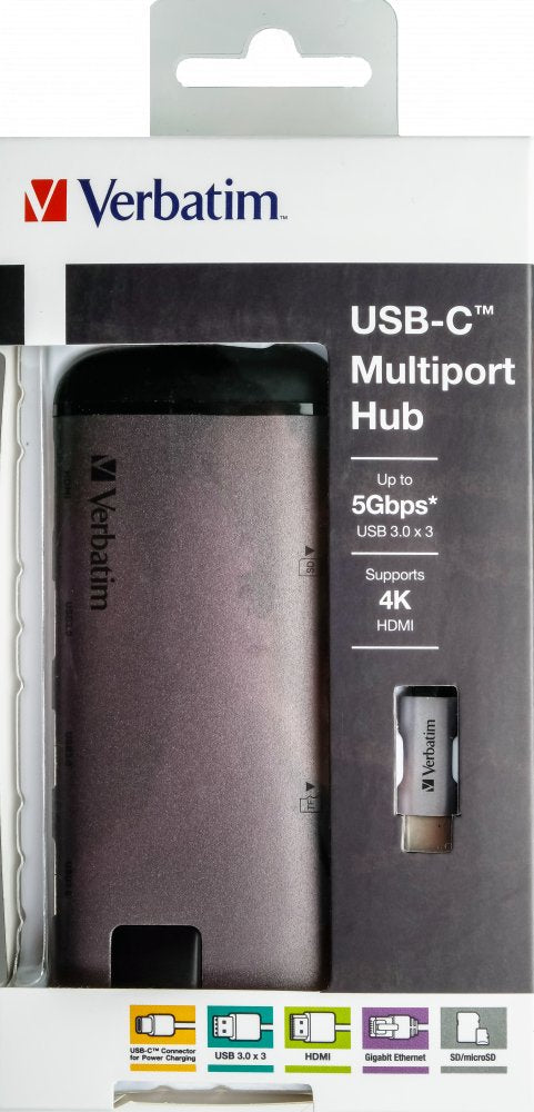 Usb Hub Verbatim Usb-C 3.1 6-Port Portable Grey 3xusb 3.0, Hdmi, Usb-C, Ethernet, Sd/Microsd