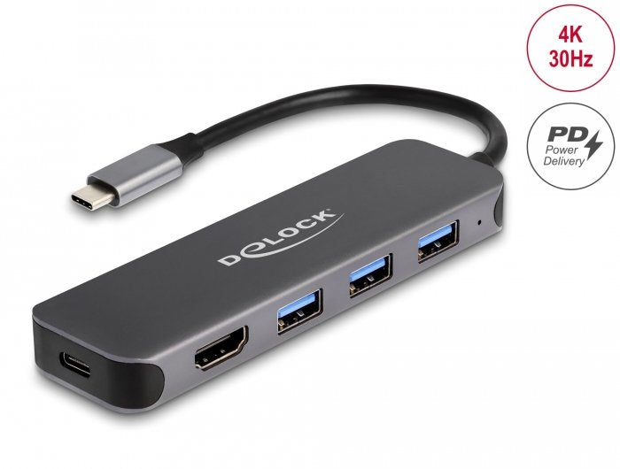 Hub Delock 64171 De Interfaz Usb 3.2 Gen 1 (3.1 Gen 1) Type-C 5000 Mbit/S Gris, Estación De Acoplamiento Usb 3.2 Gen 1 (3.1 Gen 1) Type-C, Hdmi, Usb 3.2 Gen 1 (3.1 Gen 1) Type-A, Usb 3.2 Gen 1 (3.1 Gen 1) Type-C, 5000 Mbit/S, 30 Hz, 3840 X