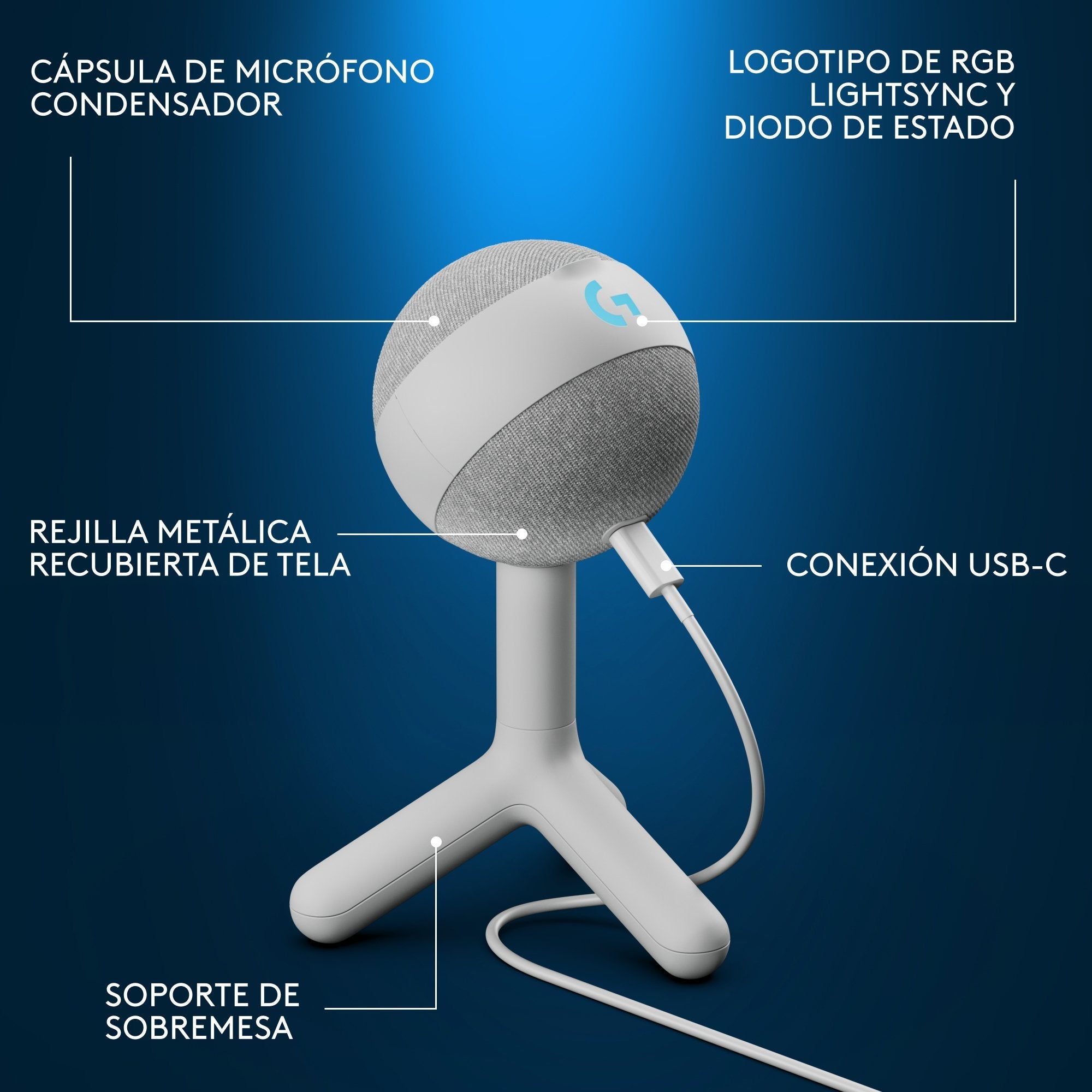 Micrófono Logitech G Yeti Orb,  Condensador Rgb Con Lightsync Para Gaming, Micrófono Usb Para Streaming, Cardioide, Plug And Play Usb Para Pc/Mac - Blanco