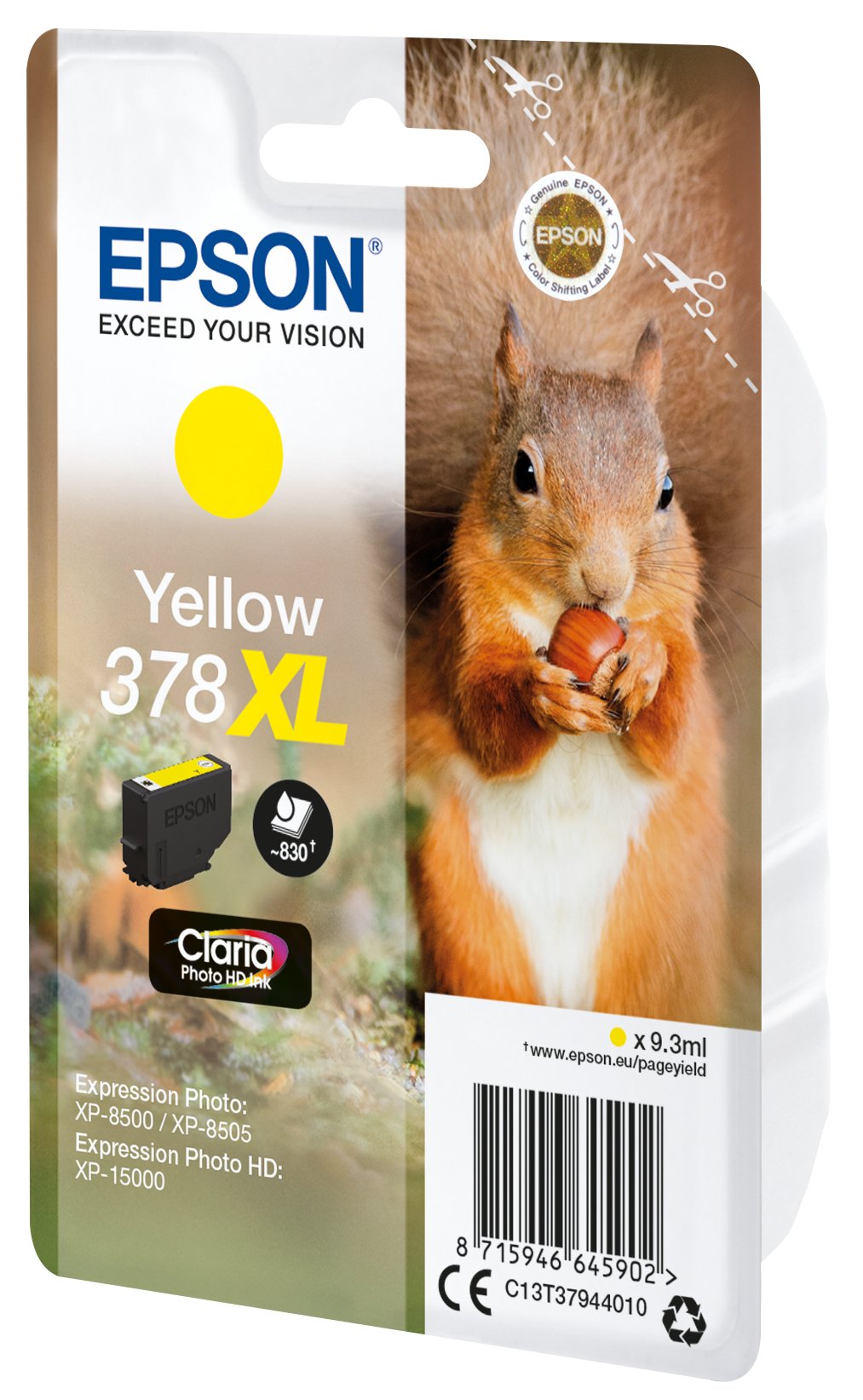 Epson 378xl 9.3 Ml Xl Amarillo Original Blíster Con Alarmas De Rf/Acústica Cartucho De Tinta Para Expression Home Xp-8605 8606 Expression Home Hd Xp-15000 Expression Photo Xp-8500 8700