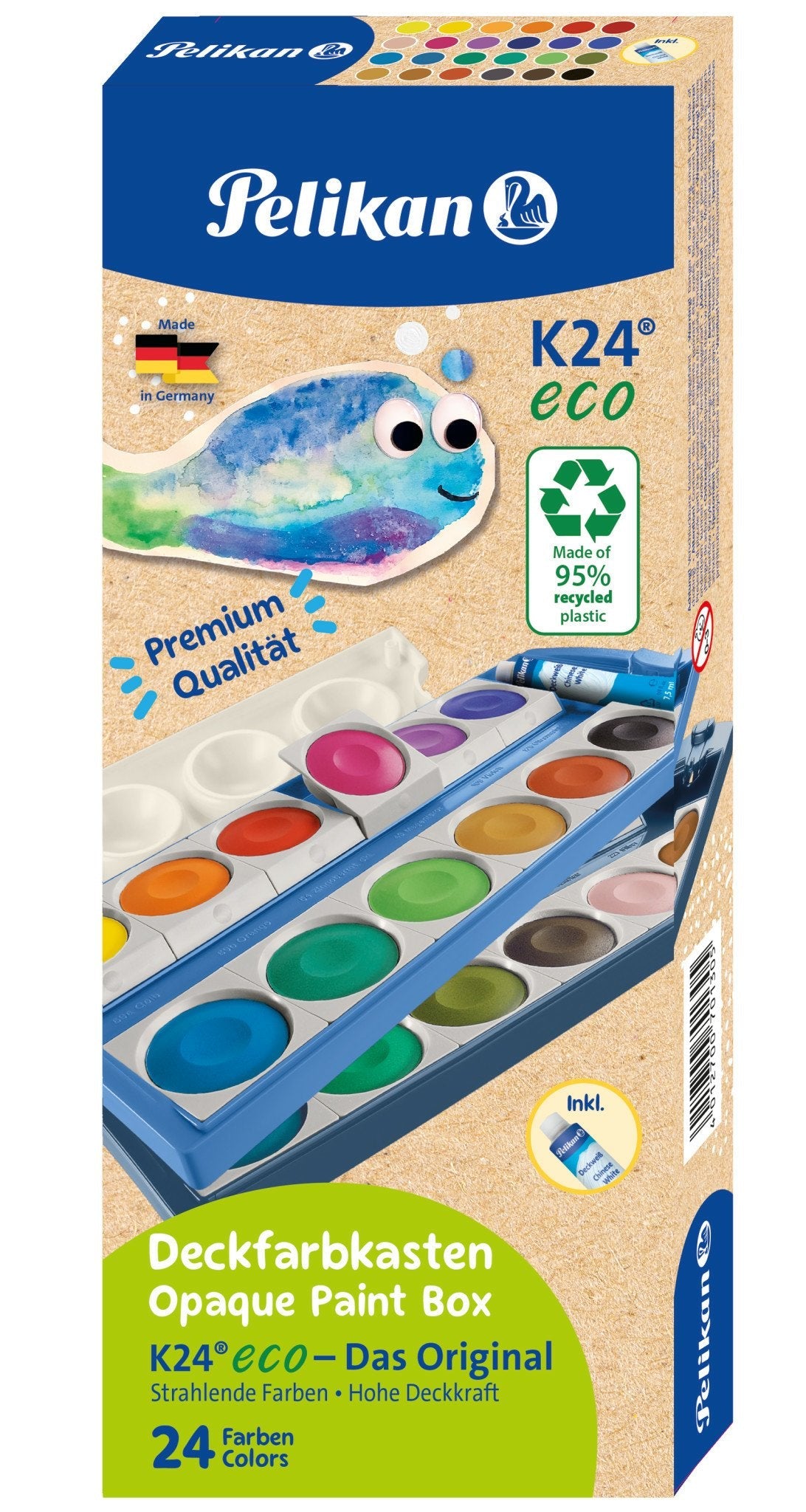 Pelikan K24 Eco 701303 - Caja De Pintura (24 Colores, Plástico Reciclado), Color Blanco