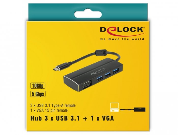Delock Usb 3.2 Gen 1 Multiport Hub, Conector Usb-C> 3x Usb-A + Vga Socket, Usb Hub Black, 15 Cm 63932