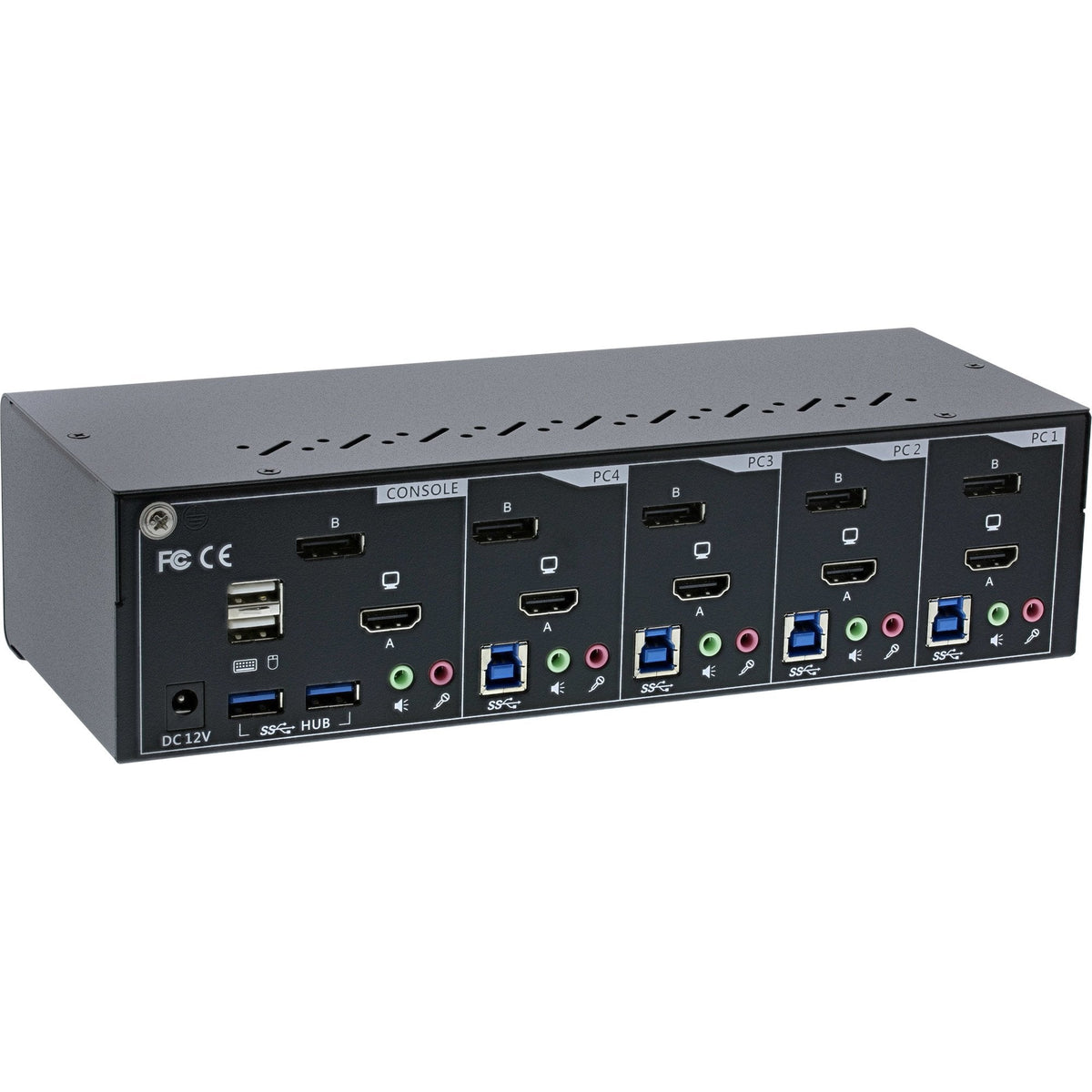 Switch Kvm Inline, 4 Puertos, Monitor Doble, Dp 1.2+Hdmi 2.0, 4k, Usb 3.0, Audio