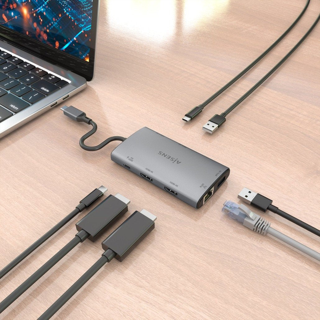 Aisens Usb-C Dock 7 En 1, Usb-C A 2xhdmi 4k, 1xrj45, 2xusb-A Usb3.0, 1xusb-C, 1xusb-C Pd100w, Gris, 20cm