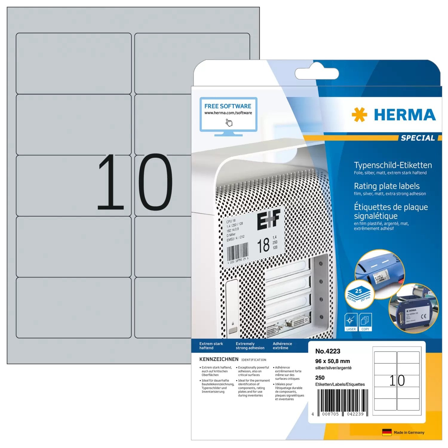 EAN 4008705042239 - HERMA 4223 etiqueta autoadhesiva Rectángulo redondeado Permanente Plata 250 pieza(s) imagen 1