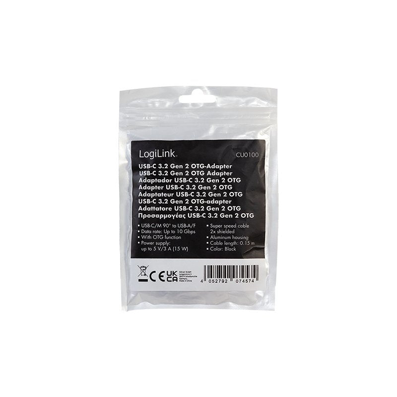 Adaptador Usb-C Macho 90º Acodado A Usb-A Hembra 15w  10gb/S Otg Cable De 0.20m Negro Logilink Bulk