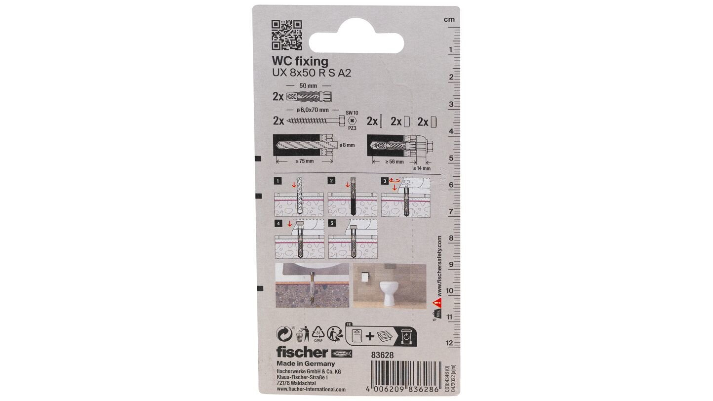 Fischer Set De Fijación Wc N, Pasador (Gris Claro, 2 Piezas, Para Inodoros De Pie) 083628