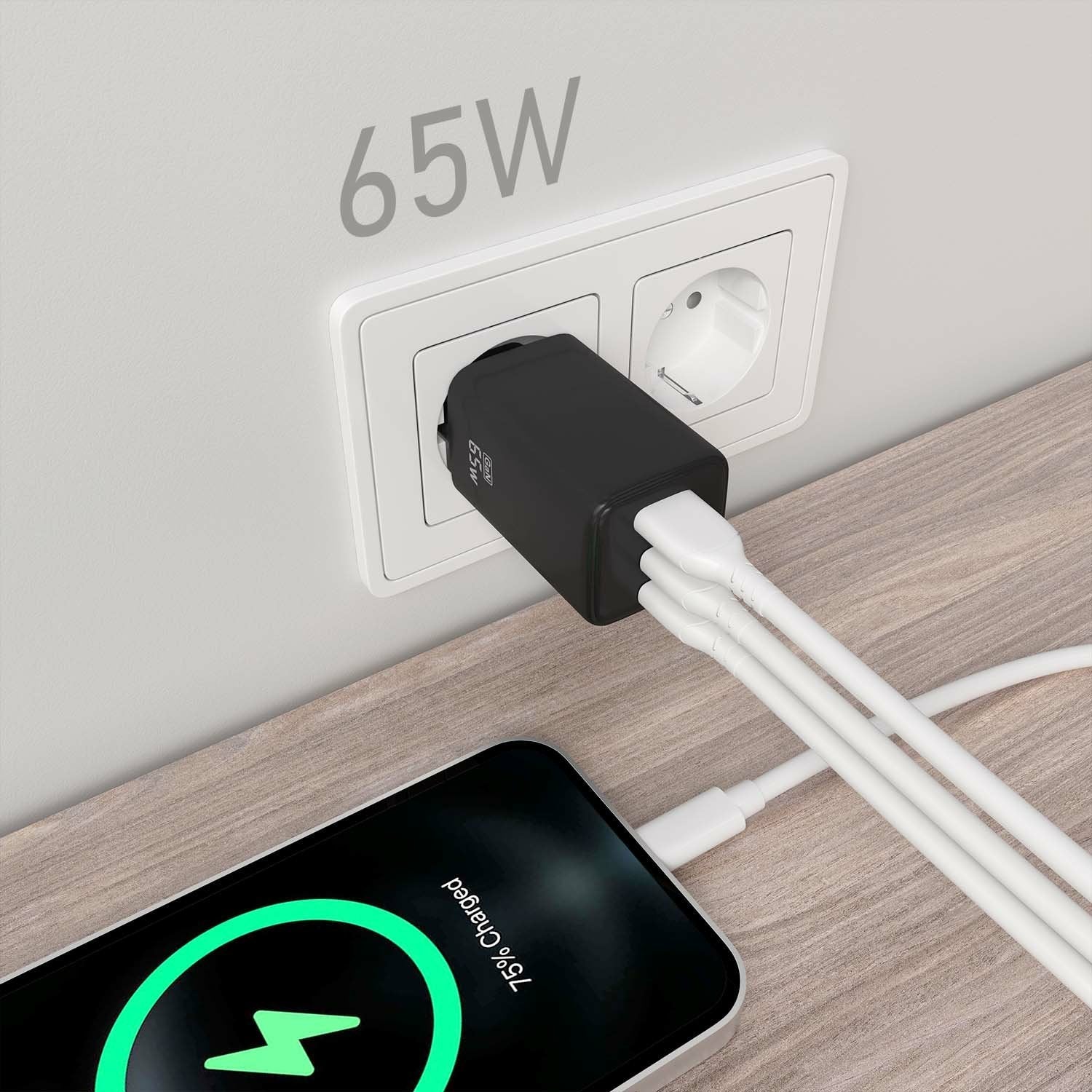 Aisens Cargador Gan 65w, 2xusb-C Pd3.0 Qc4.0, 1xusb-A Qc3.0, Negro