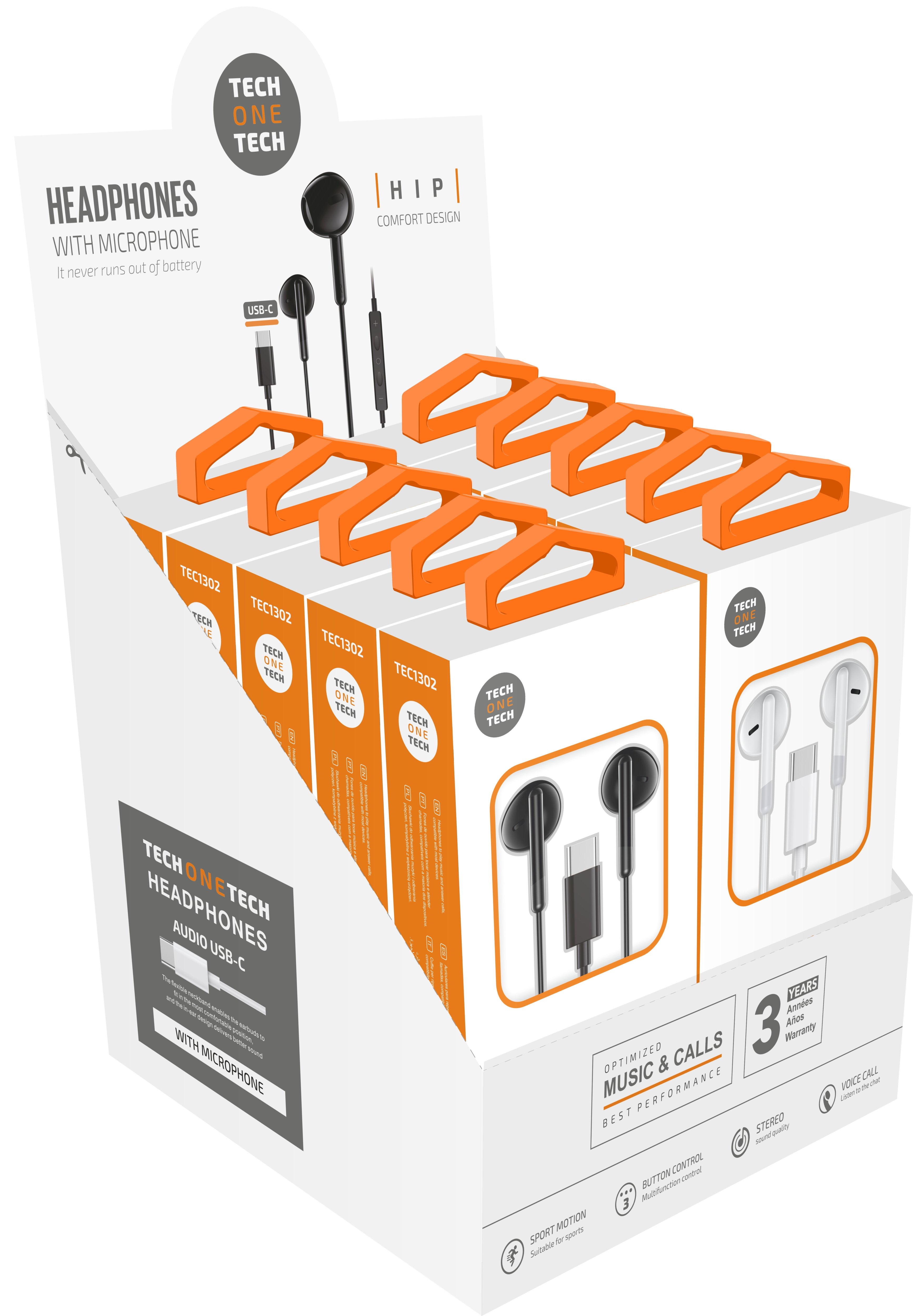 Expositor De Auriculares Tech One Tech Eartech Tec1303 Con Micrófono Usb Tipo-C Incluye 5 Auriculares Blancos Y 5 Auriculares Negros