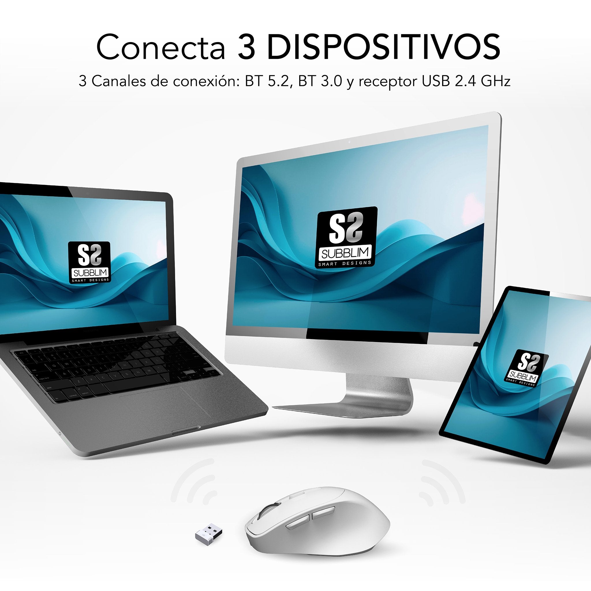 Raton Subblim Confort Ergo Dual  Inalambrico Bluetooth, Usb 2.4ghz 2400dpi - 5 Botones - Uso Diestro - Blanco