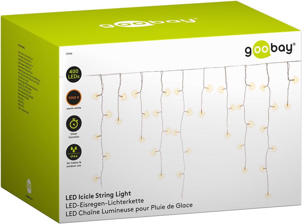 Guirnalda De Luces De Carámbano Con 400 Led
Con Función De Temporizador Y Transformador Externo De 24 V, Blanco Cálido (3000 K),