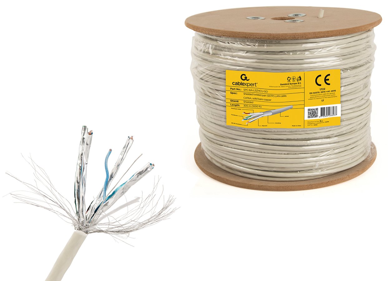 Bobina Cable Sólido Gembird Spc-6a-Lszhcu-So Sftp, Cat. 6a, Lszh, 305m, Gris