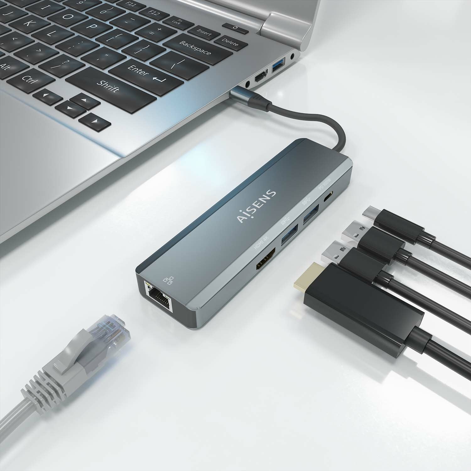 Aisens Usb-C Dock 5 En 1 - Usb-C A 1xhdmi - 1xrj45 - 2xusb - 1xpd - 15cm - Gris