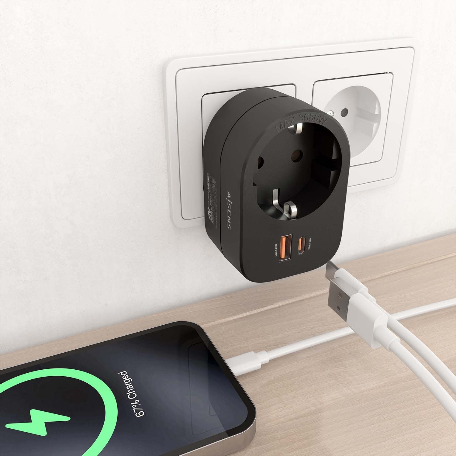 Aisens Regleta De Pared Multifuncion Con 1 Toma + 1xusb-C 20w Pd3.0, 1xusb-A 20w Qc3.0, Negro