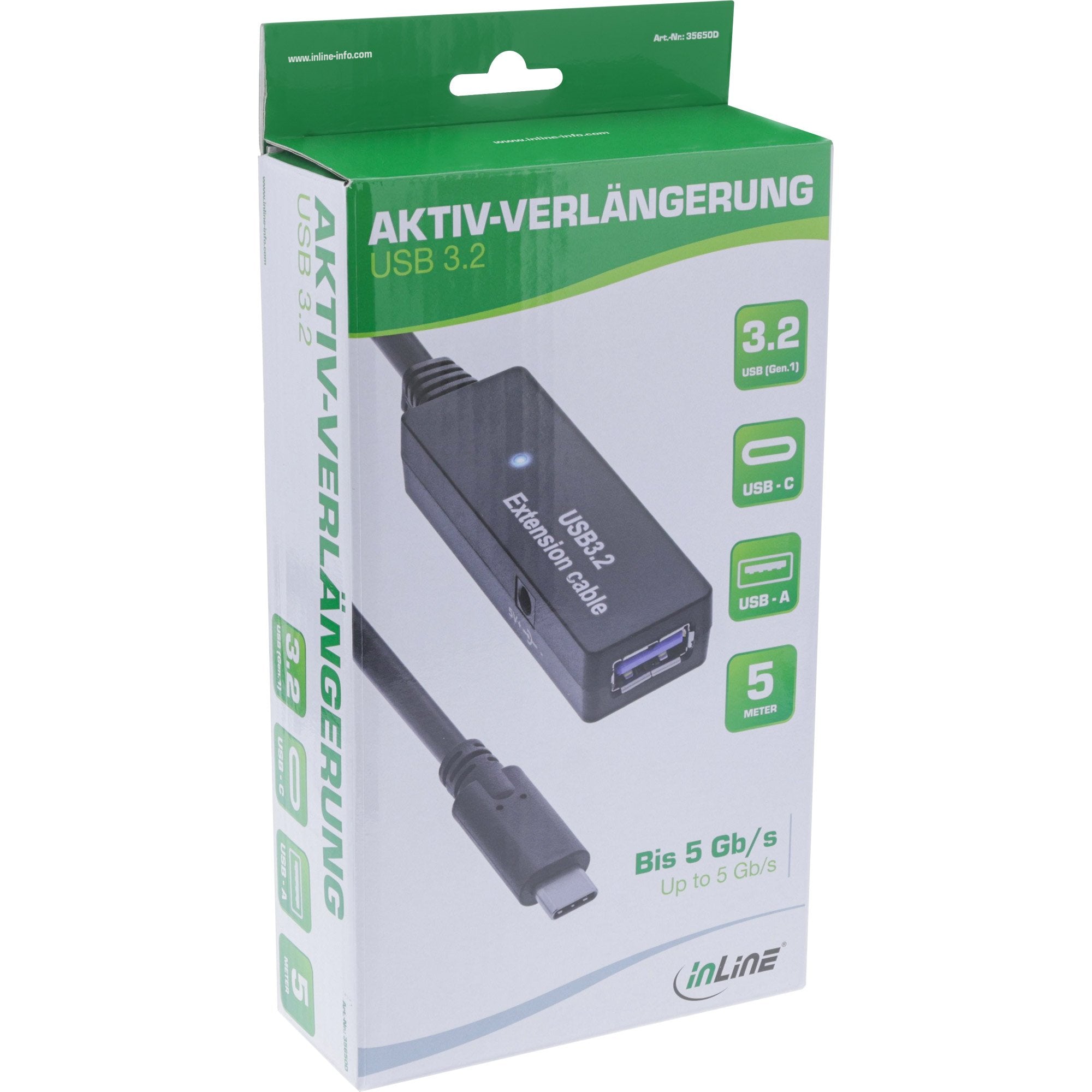 Inline® Usb 3.2 Gen.1 Active Extension, Usb-C Macho A Usb-A Hembra, 5m