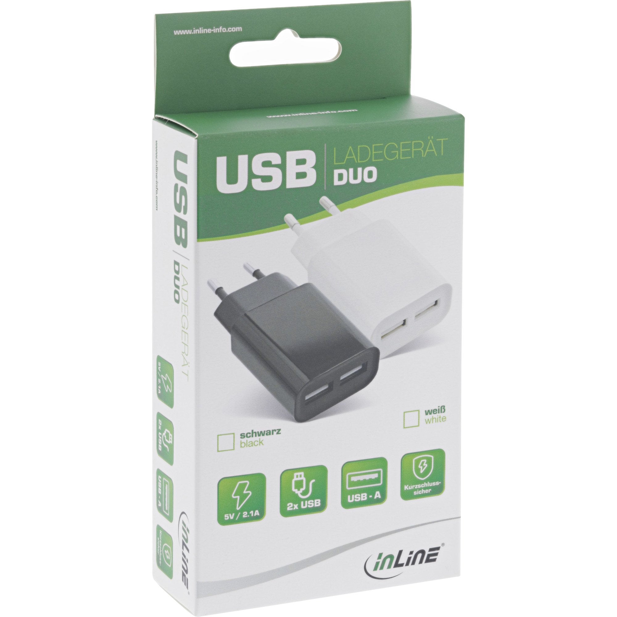 Cargador Usb Inline Duo, 2 Puertos 100-240vac A 5v / 2.1a Blanco