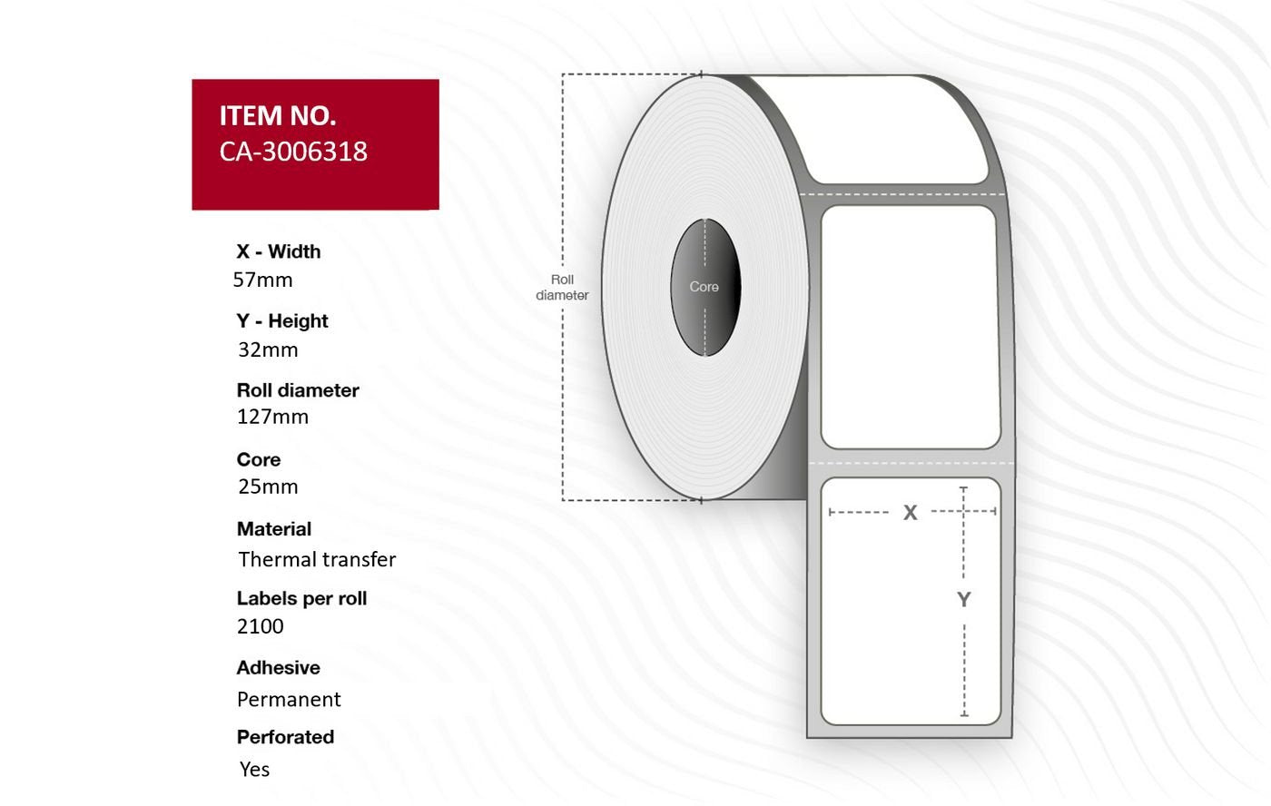 Label 57 X 32mm, Core 25mm, - Thermal Transfer, Coated, - Permanent, Perforated, 2100 Labels Per Roll, 12 Rolls Per Box - Warranty: 12m