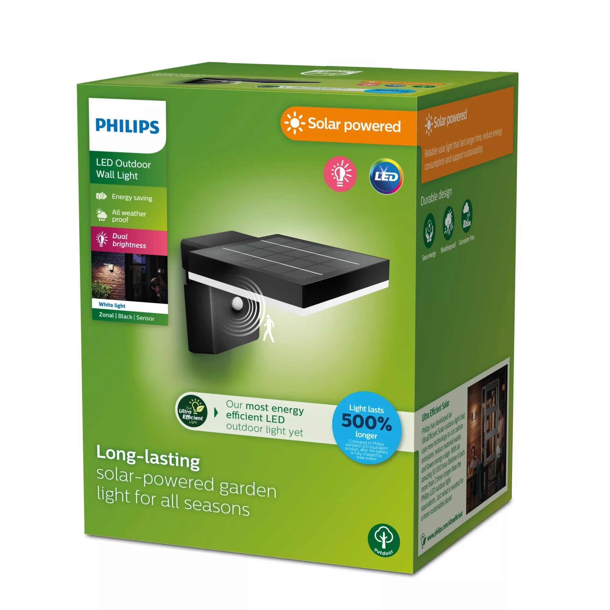 Aplique Solar Mural Cuadrado Ultraeficiente,Ip44 1,3w, 250im 3000k, Luz Cálida, Philips