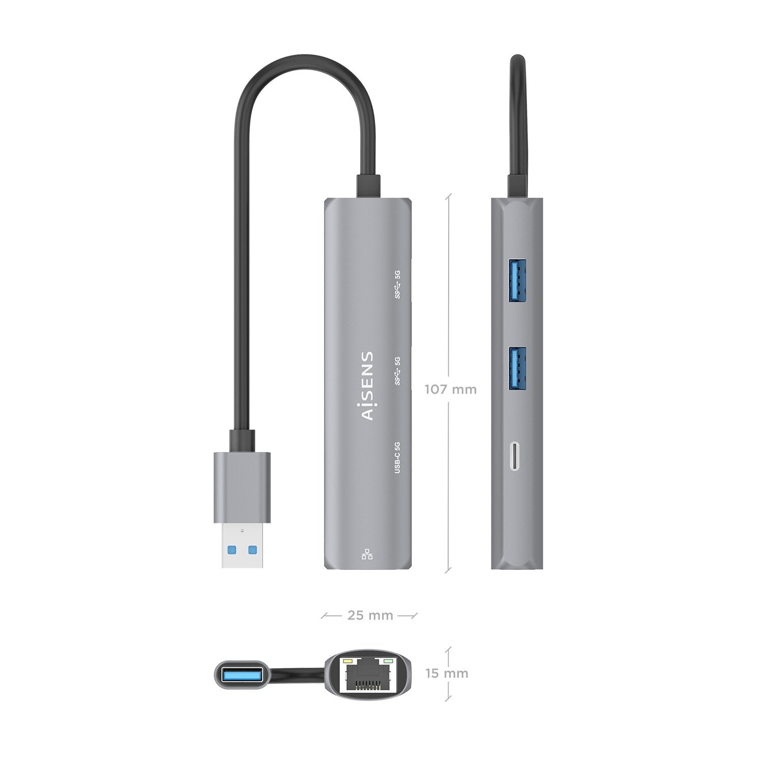Aisens Usb3.0 Dock Usb-A A Ethernet Gigabit + Hub 1xusb-C+2xusb-A, Gris, 15cm