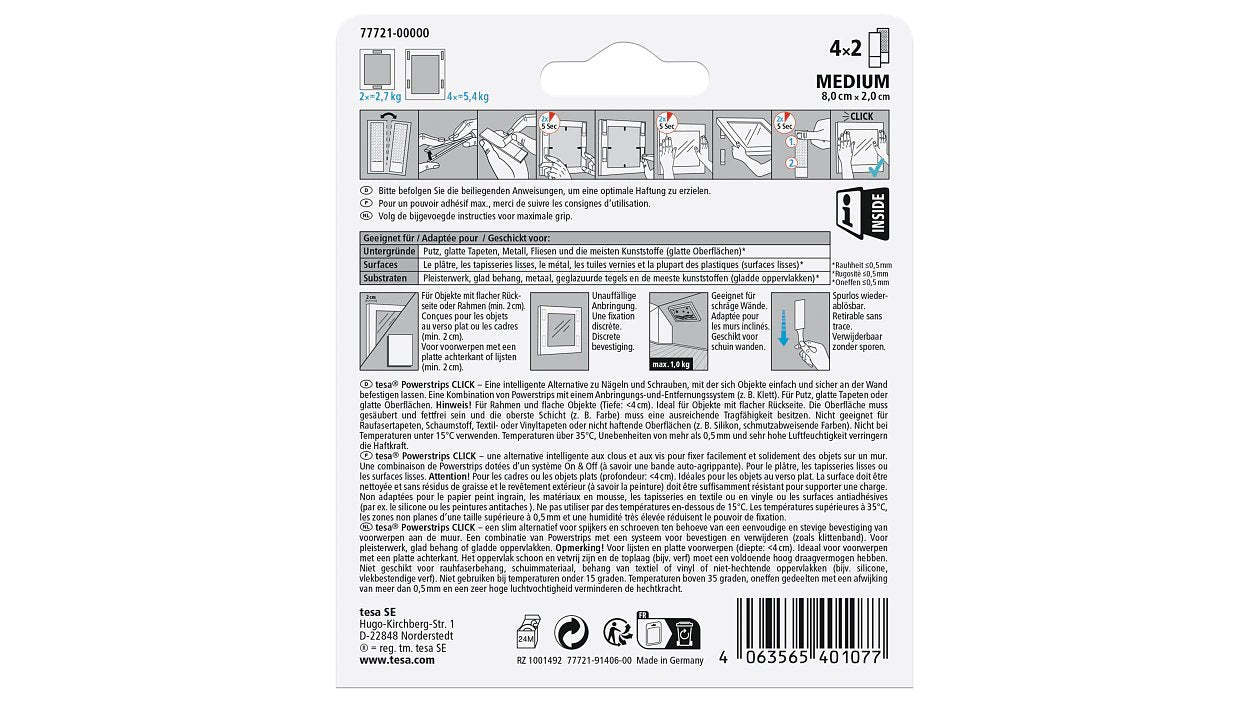 Tesa Powermrips Click Medium, 5.4kg, Selbmkl.Klettband 4x2