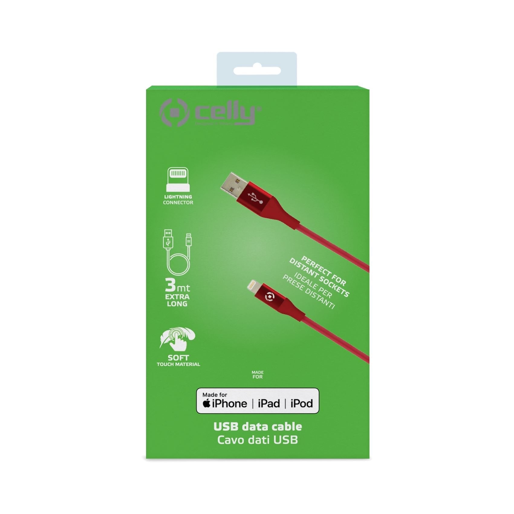 Data Cable Lightning Celly (M.F.I) Usblightcol3mrd 3mt Red