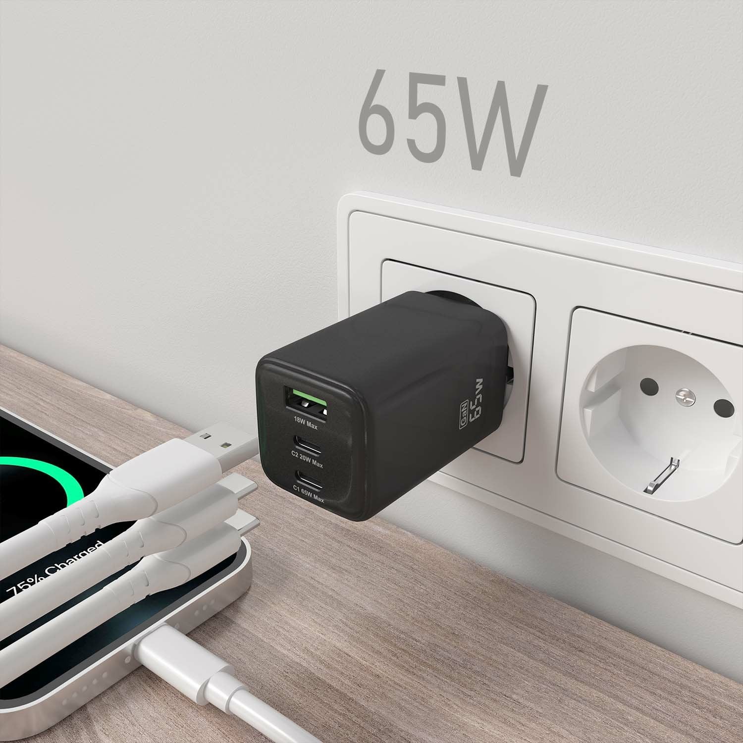 Aisens Cargador Gan 65w, 2xusb-C Pd3.0 Qc4.0, 1xusb-A Qc3.0, Negro