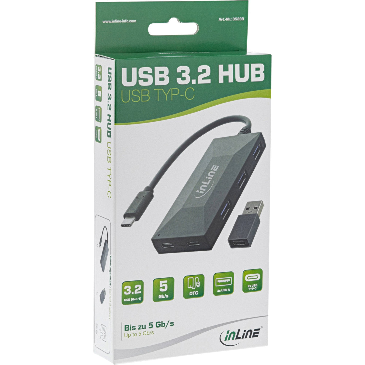 Inline Usb 3.2 Gen.1 Otg Hub, Usb Tipo C A 2 Puertos Tipo C Y 3 Puertos Tipo A, Sin Fuente De Alimentación