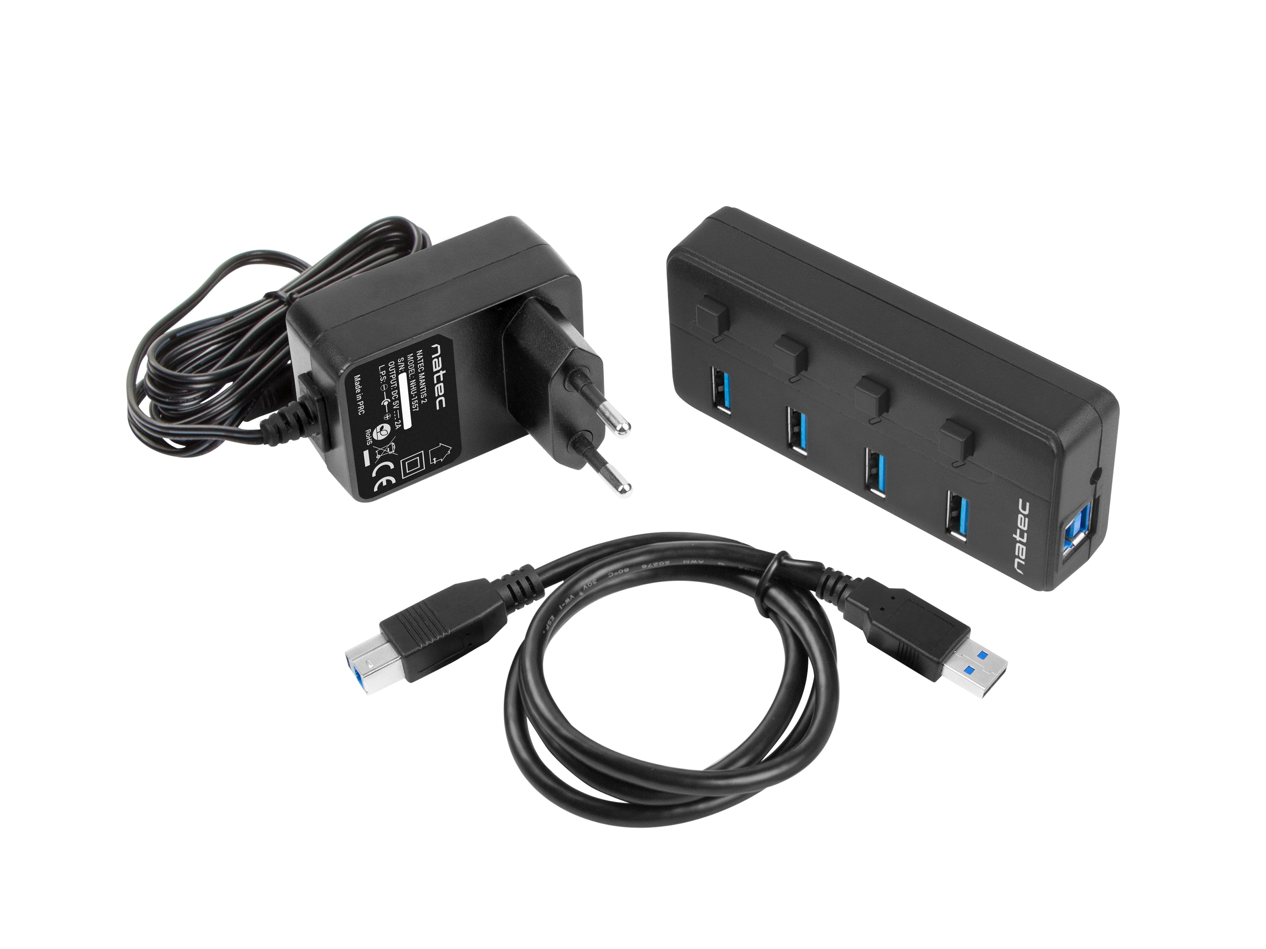 Natec Hub Usb 3.0 Mantis2, 4-Ports On/Off With Ac Adapter, Black