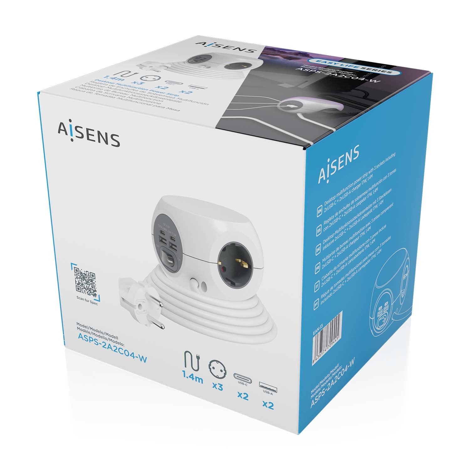 EAN 8436574709445 - AISENS ASPS-2A2C04-W base múltiple 1,4 m 3 salidas AC Interior imagen 6