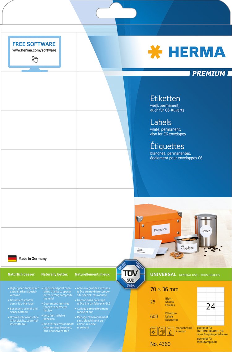 Herma Labels             70x36 25 Sheets Din A4 600 Pcs. 4360 Etiquetas