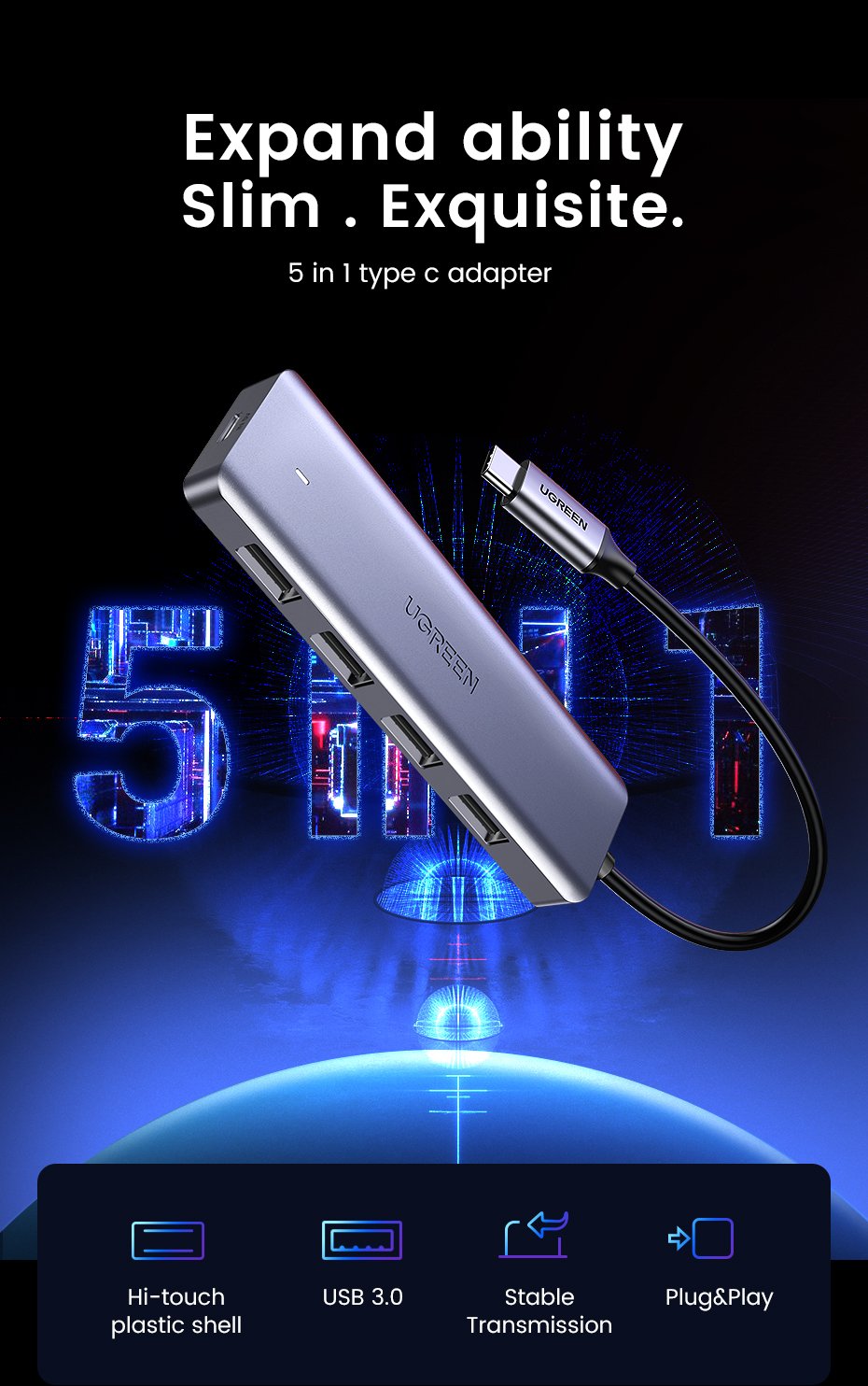 Hub  Ugreen 50985 De Interfaz Usb 3.2 Gen 1 (3.1 Gen 1) Type-A 5000 Mbit/S Plata