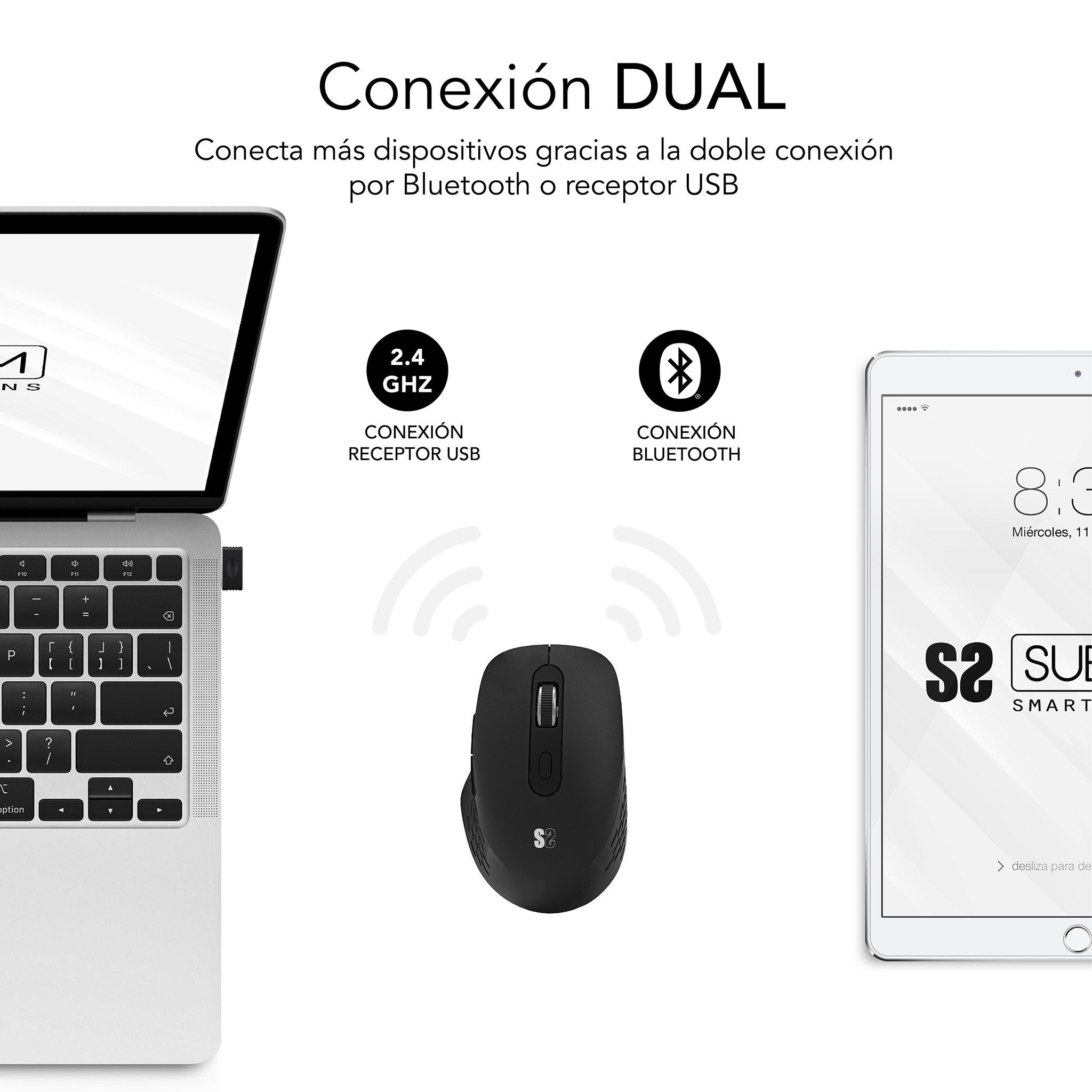 Raton  Subblim Curve Ergo Dual  Inalambrico Bluetooth, Usb 2.4ghz 1600dpi - 5 Botones - Uso Diestro - Negro