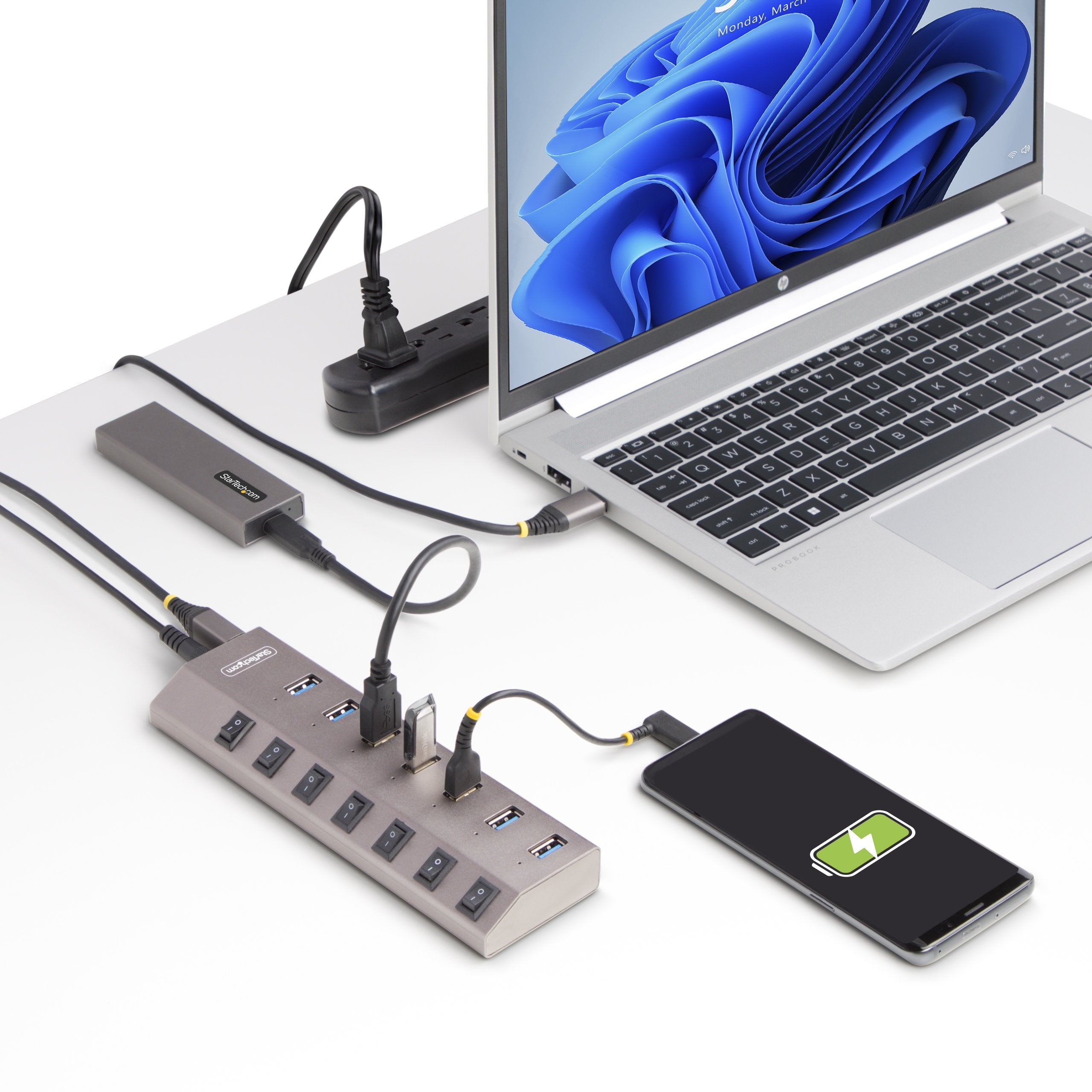 Startech.Com Hub Usb-C Autoalimentado De 7 Puertos Con Interruptores Individuales - Concentrador Usb 3.0 A 5 Gbps Con Fuente De Alimentación - Ladrón Usb Tipo C A Usb-A - Bc 1.2 (7-Port Self-Powered Usb-C Hub - With Individual On/Off Switch