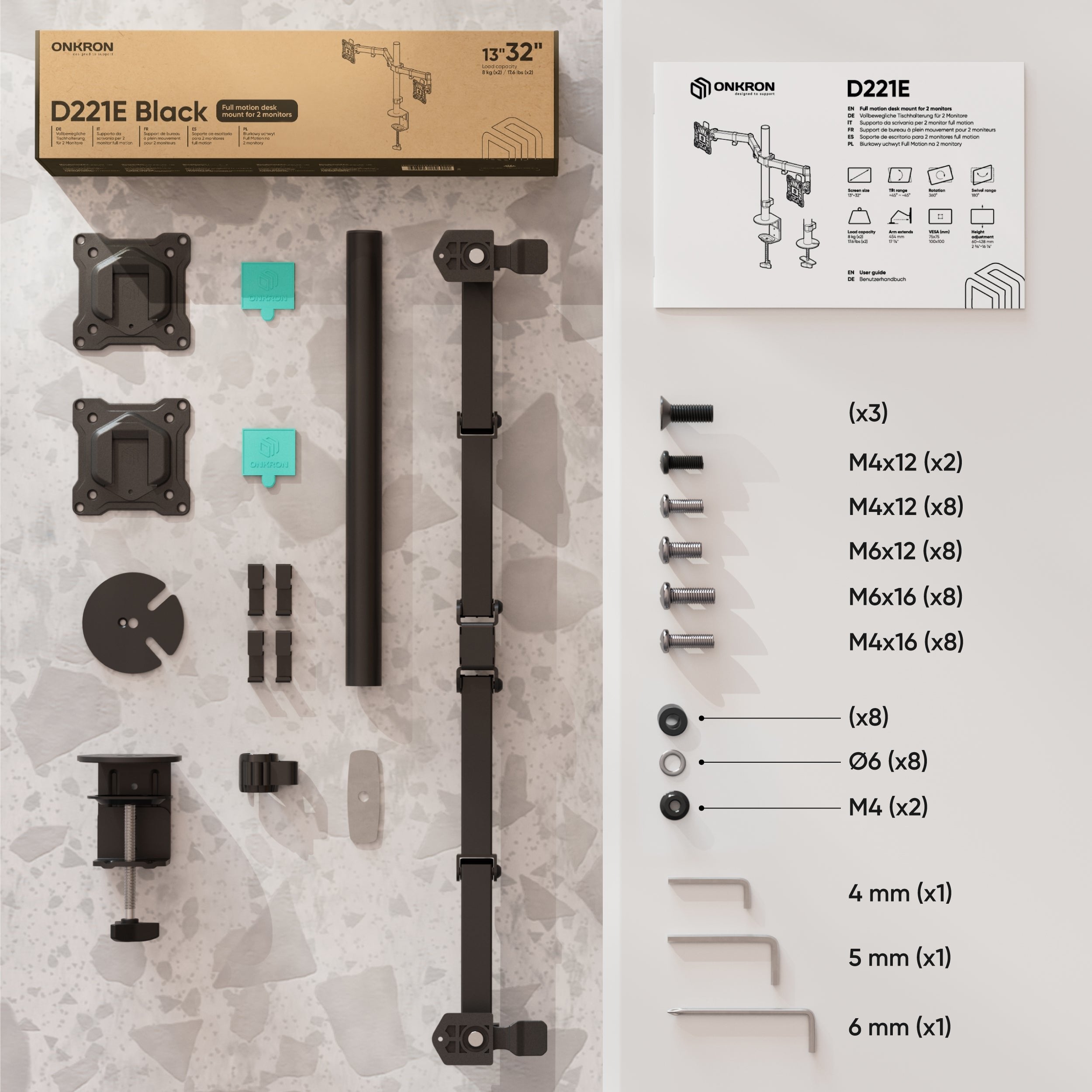 EAN 4603728440903 - ONKRON D221E-B soporte para monitor 81,3 cm (32") Escritorio imagen 2