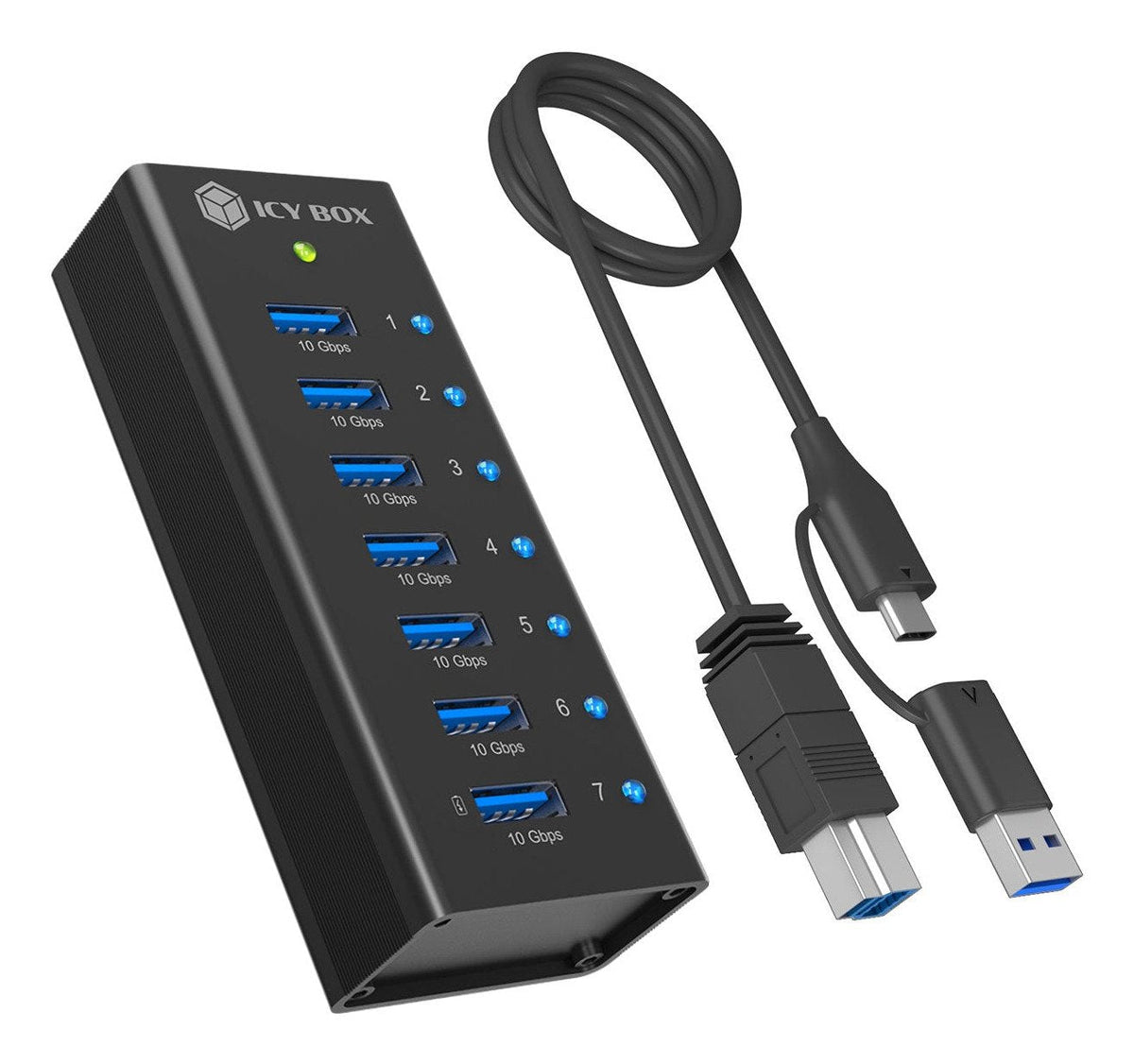 Box 7-Port Usb 3.2 Gen 2 (10 Gpbs) Hub Con 1x Tablet-Puerto De Carga, Incluye. 12 V 3 A Fuente De Alimentación, Vollmetall