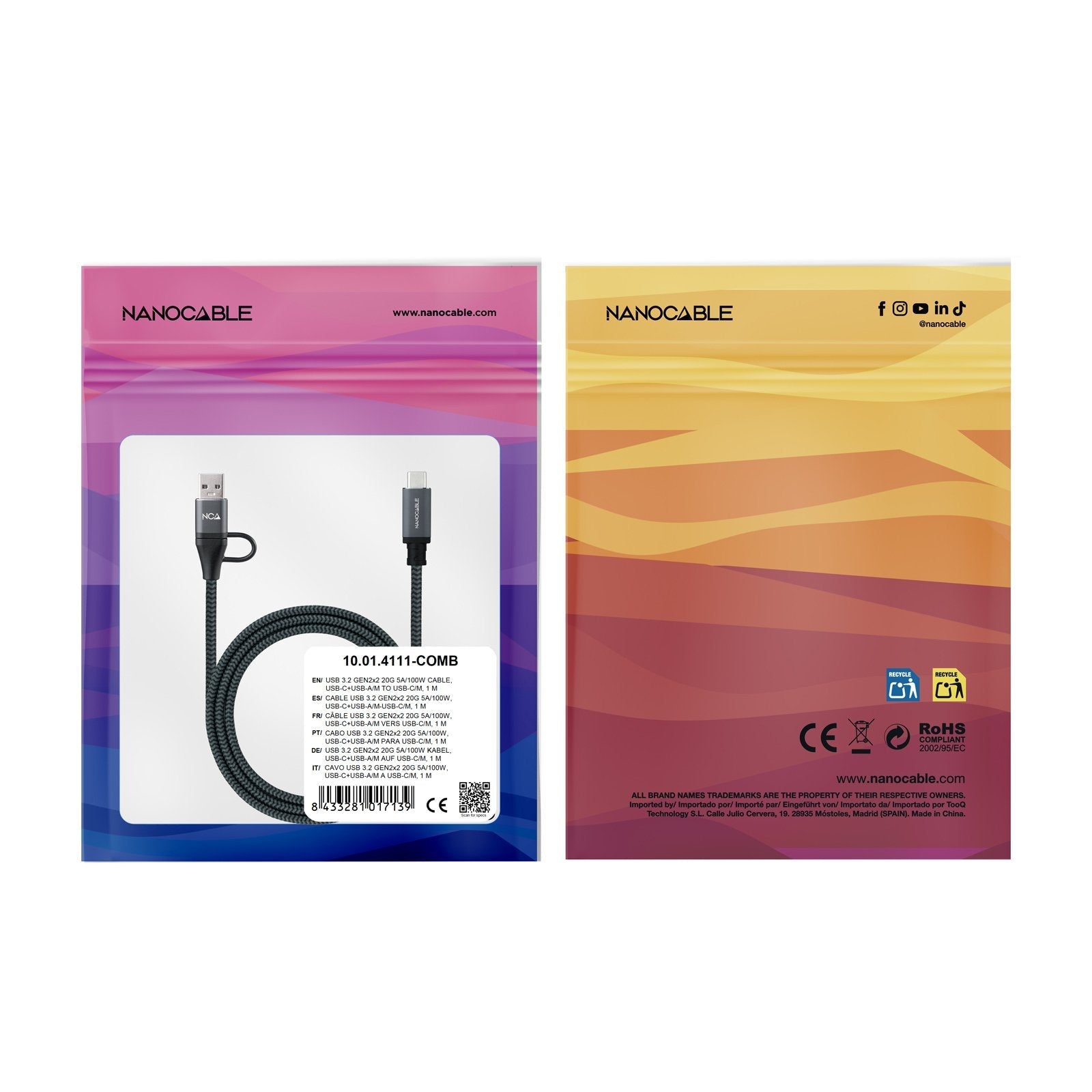 Cable Usb3.2 Gen2x2 100w,Usb-C+A/M-Usb-C/M,2m