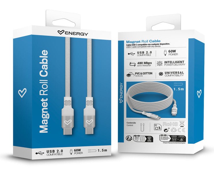 Energy Sistem Magnet Roll Cable Usb-C 2.0 - Hasta 60w Y 480mbps - Compatible Con Powerdelivery - Recubierto Con Pvc Y