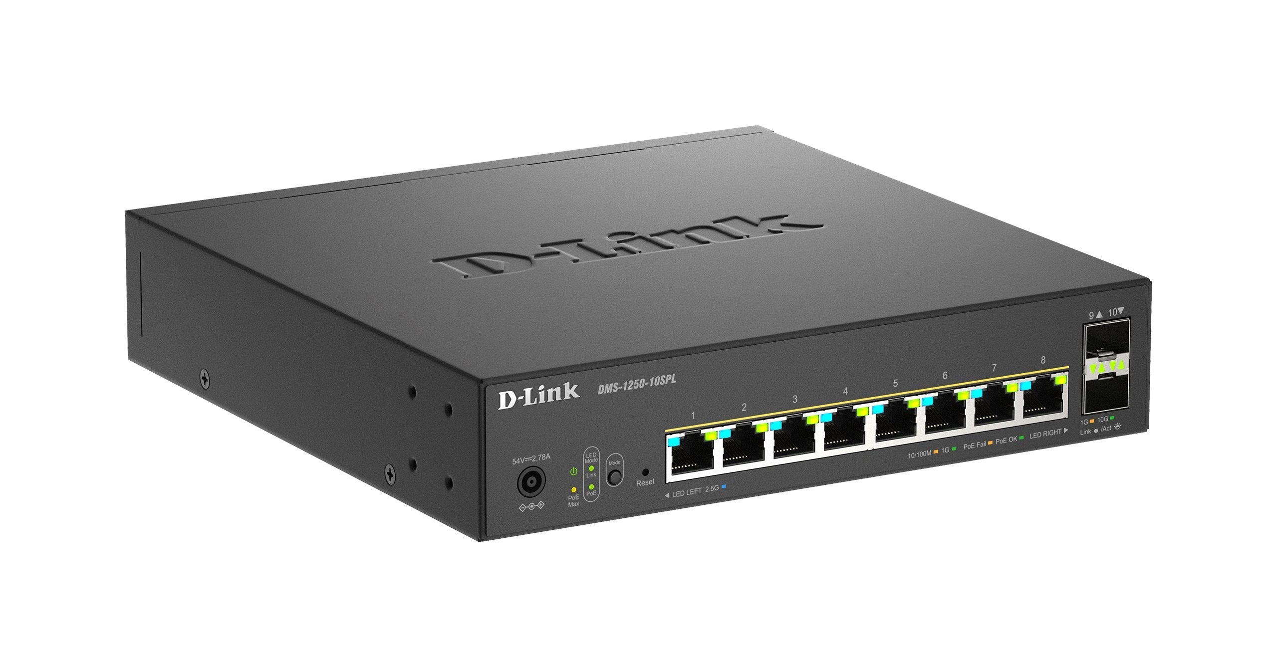 D-Link Dms-1250-10spl/E 10-Port Multi-Gigabit Smart Managed Poe+ Switch Including 8 Multi-Gigabit 2.5g Poe And 2 10g Sfp+ Ports ? 8 X 100/1000/2.5gbase-T Poe Port ? 2 X 10g Sfp+ Port ? Max Poe Budget: