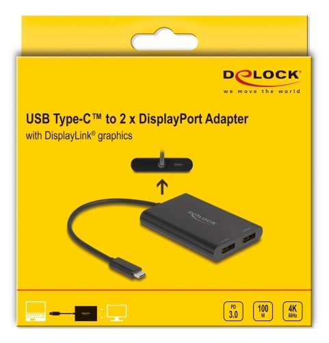 Delock Adapter Usb Type-C Zu 2 X Displayport 4k 60 Hz Mit Displaylink® Grafik Und Usb Pd