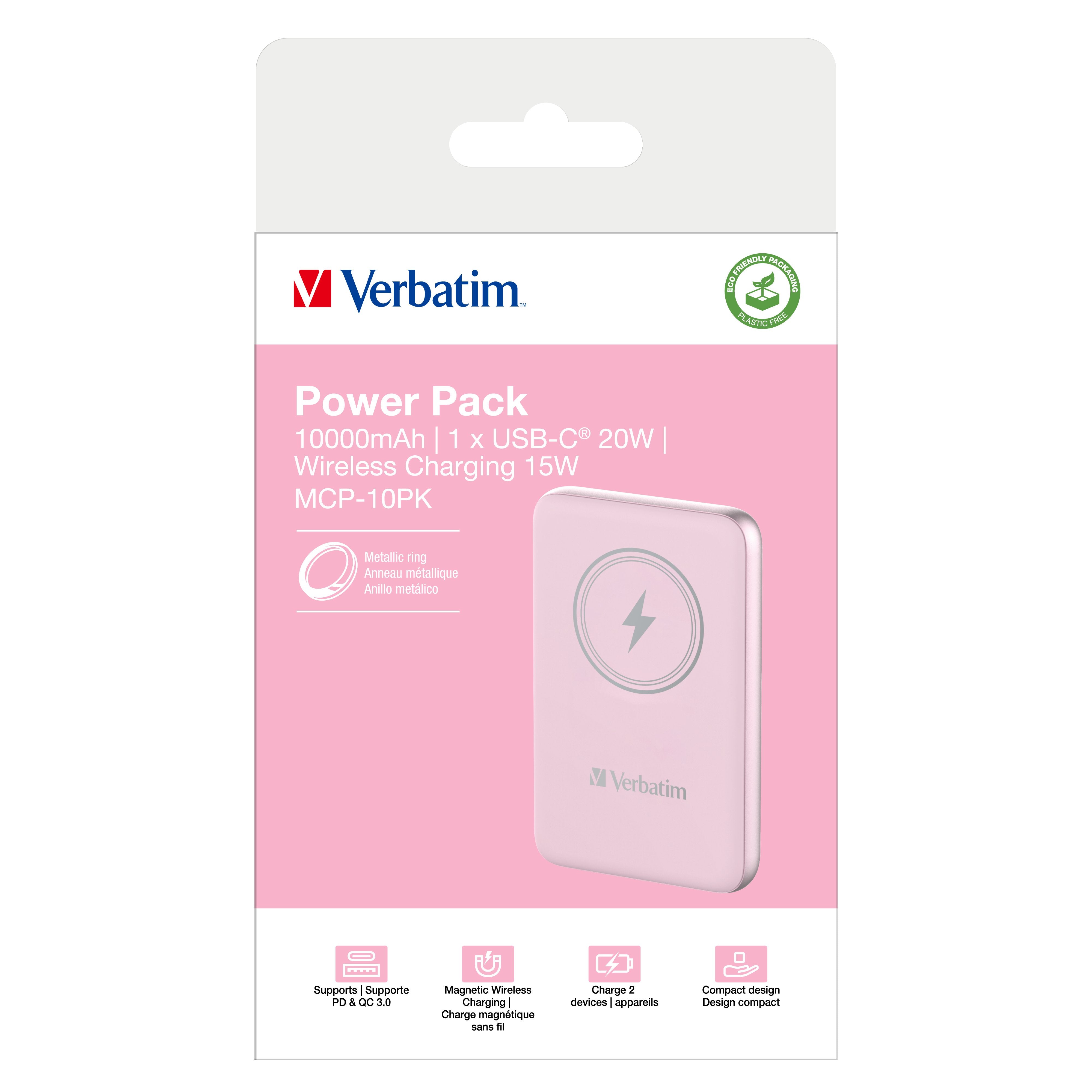 Verbatim Wireless Power Bank Charge 'N' Go 10.000mah Rosa, Qi, Pd 3.0, Quick Charge 3.0 32248