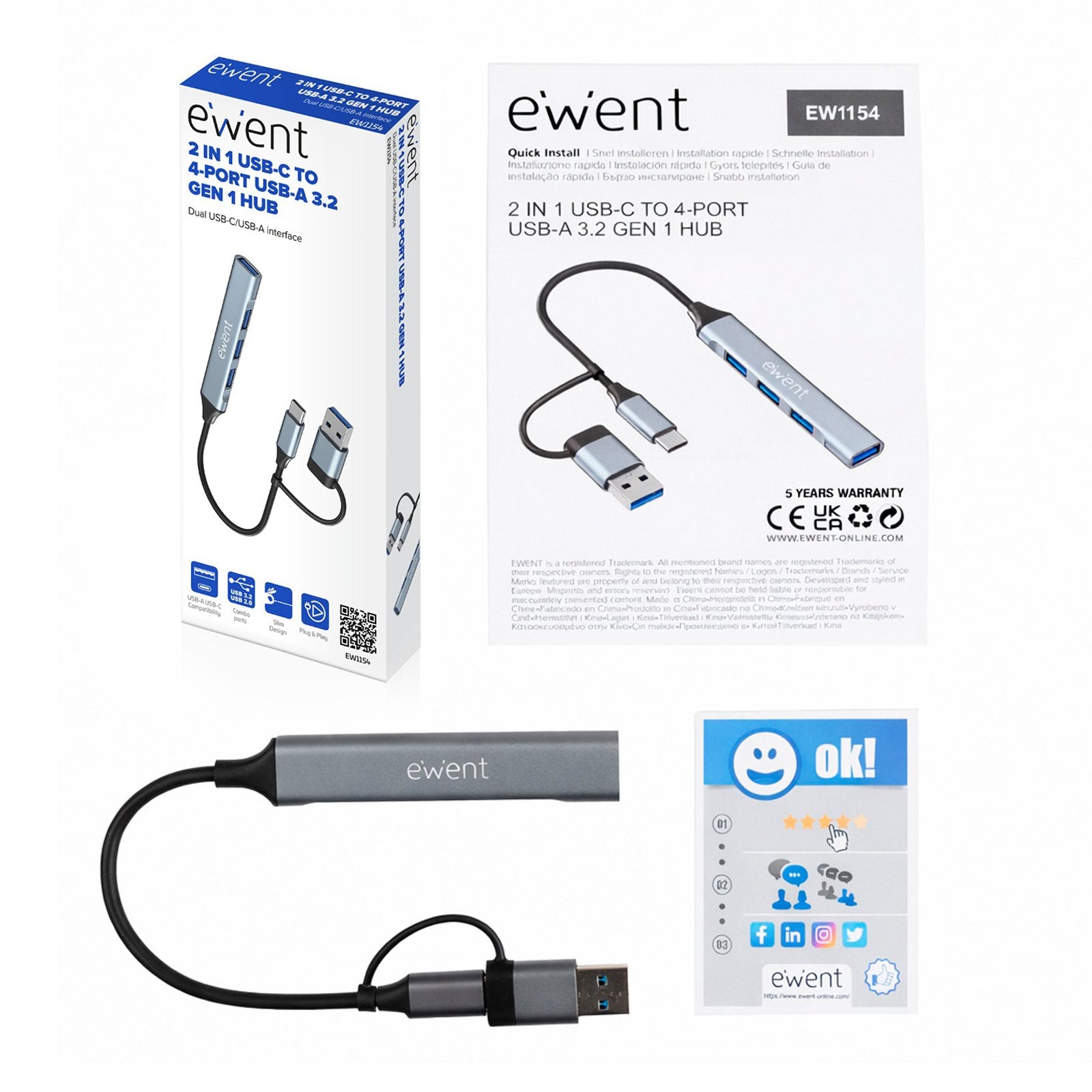 Hub Ewent Ew1154 Usb-C 3.2 Gen1 5gbps 1xusb-A 3.2 3xusb-A 2.0 Aluminio