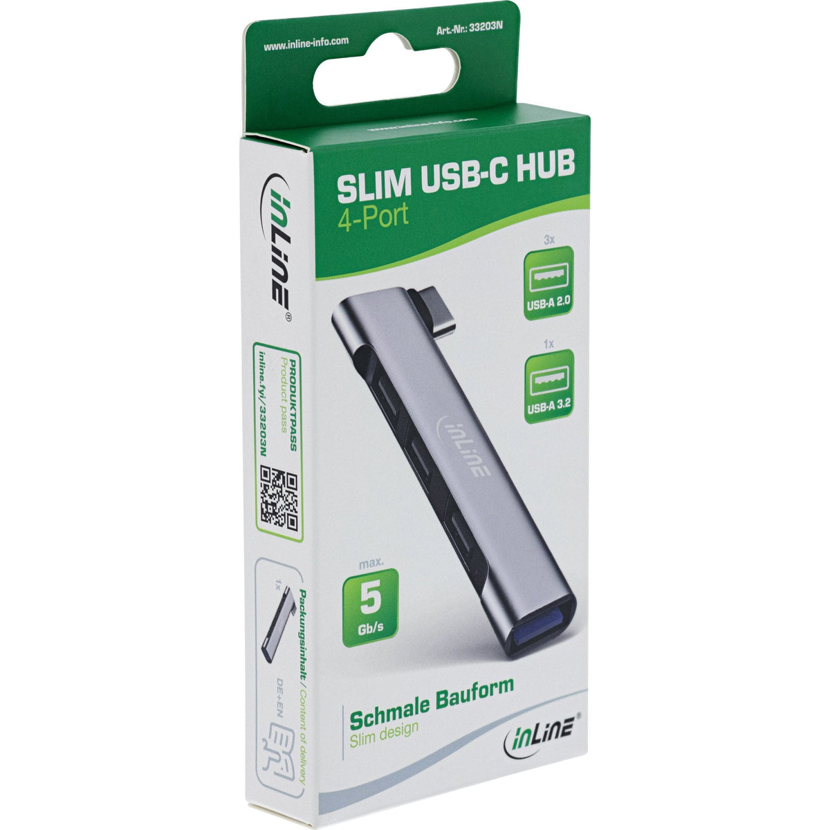 Inline® Slim Usb-C Hub, 4-Port, Usb 3.0 + 3x Usb 2.0, Slim Design